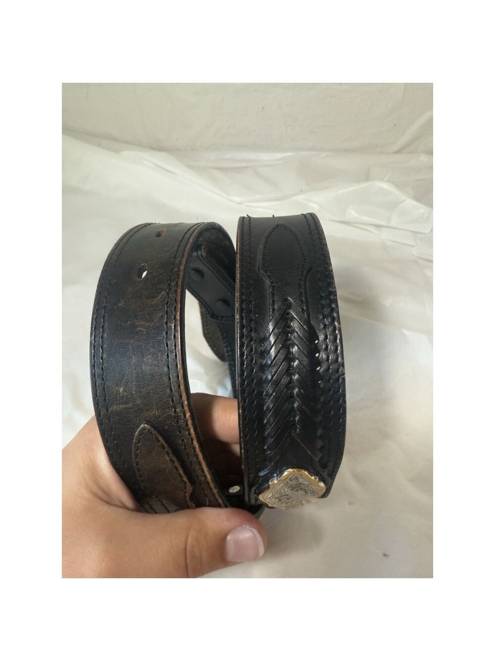 Double J Saddlery Belt Leather Western Belt Size 34 Silver gold trim